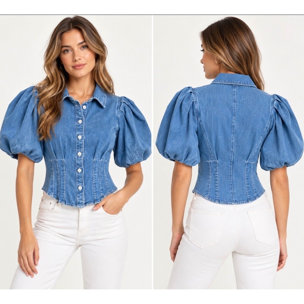 NWOT Express Denim Puff Sleeve Corset Button-Up Top XS Light Wash Cotton Blend
